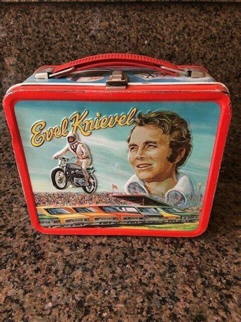 metal kids lunch box evil kenevil|1974 Evel Knievel Metal Lunch Box Vintage Aladdin .